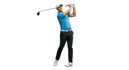 Golf player swinging club skillfully achieving perfect form isolated on transparent background