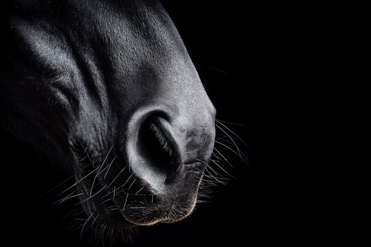 Close-up view of a black horse's muzzle in dramatic lighting highlighting its features and textures