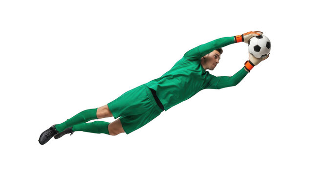 Goalkeeper mid air catching soccer ball in green uniform isolated on transparent background