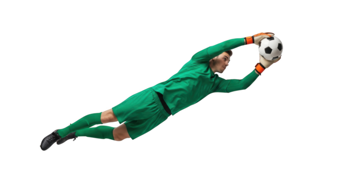 Goalkeeper mid air catching soccer ball in green uniform isolated on transparent background - Powered by Adobe
