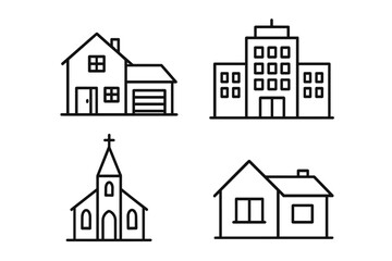 Fototapeta premium Vector architecture and real estate symbols collection. Includes modern house with garage, city office building, classic church with cross, simple residential home. Vector line icons design.