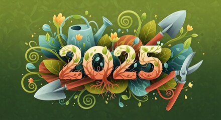 Celebrate 2025 with a vibrant garden theme featuring tools plants and floral elements