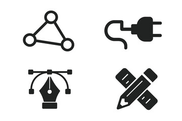 Connection and design vector icons set. Network link, electric plug, pen tool, and pencil ruler. Digital creativity, technology, graphic design, and communication symbols