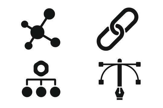 Vector icons of connection, link, network, design tool, and hierarchy symbols for creative projects, technology, business, and digital graphics illustration
