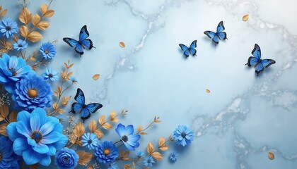 Blue flowers, butterflies adorn luxurious marble background creating elegant design. Decorative illustration features delicate floral patterns, golden accents suitable for wallpaper interior decor.