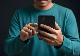 A person in a green shirt uses a black smartphone with a dark background in a studio setting