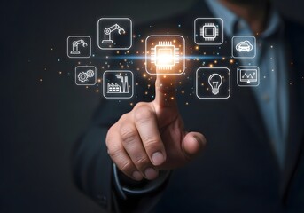 A person touching a digital interface with icons representing technology and industry solutions shown above