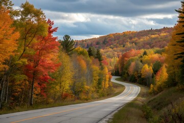 Fototapeta premium Curving road through vibrant autumn forest landscape