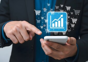 A person using a smartphone with a sales graph and shopping cart icons overlayed on the screen display