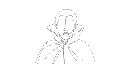 A line drawing depicting a vampire with a high collar and fangs, ready to bite.