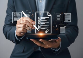 A person using a stylus on a tablet with digital documents and a checklist displayed above it