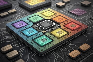 Naklejka premium Vibrant multicore processor with colorful integrated circuits on a circuit board