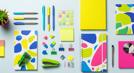 Overhead shot of a colorful and organized workspace featuring notebooks, pens, sticky notes, and decorative items arranged on a light blue surface, ideal for showcasing office or school supplies in a 