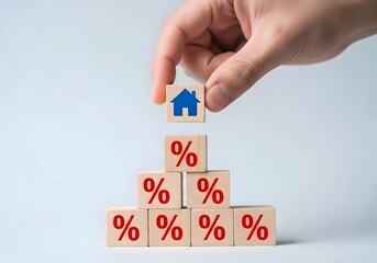 Hand placing a blue house icon block on top of percentage blocks arranged in a pyramid shape