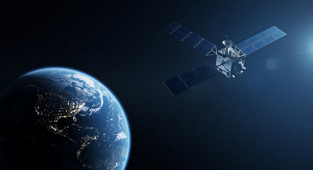 Satellite orbits Earth at night with city lights visible