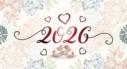 Elegant 2026 calligraphy with hearts and wedding rings celebrate a special year