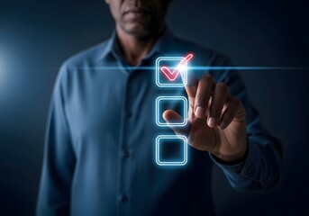 Man in blue shirt interacting with digital checklist with a red checkmark in the top box