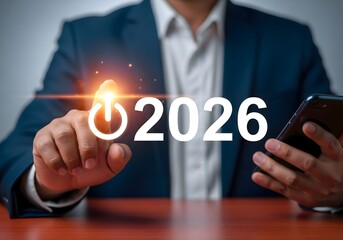 Man in suit pressing power button with year approaching on screen holding smartphone device