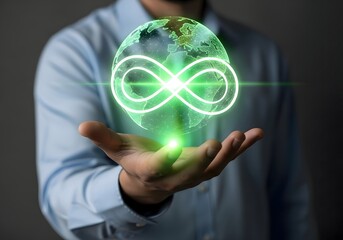 Man presenting a glowing green globe with an infinity symbol floating above his outstretched hand
