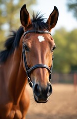 Obraz premium Brown horse with black mane and white marking on forehead. Horse wears black leather bridle. Animal stands in outdoor setting with blurred trees and ground.