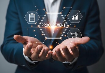 Man presenting procurement concept with digital icons in his hands wearing a blue suit jacket