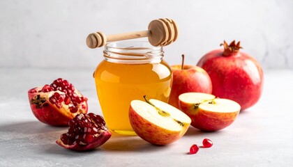 Traditional Rosh Hashanah symbols: honey apples and pomegranates on a light background.