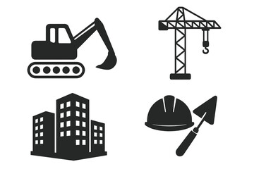 Vector design of construction and building industry icons including excavator, tower crane, office buildings, construction helmet and trowel tools for architecture and engineering concept