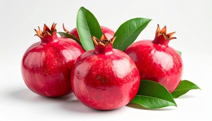 Vibrant Pomegranates with Fresh Green Leaves on White Background.