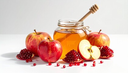 Rosh Hashanah symbols with honey apples and pomegranates.