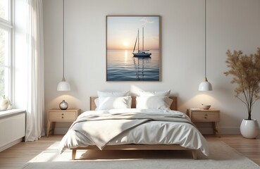 Minimalist bedroom displays sailboat art. Neutral tones and natural light create calm, seaside ambiance. Coastal decor enhances relaxing bedroom sanctuary. Tranquil seascape inspires peaceful rest.