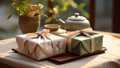 Elegant Gift Boxes with Tea Set on Table.