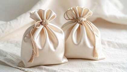 Two elegant satin gift bags tied with ribbons.