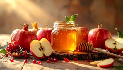 Apples Pomegranates and Honey Jar Rosh Hashanah Food.