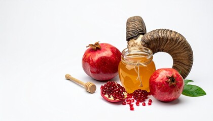 Traditional Rosh Hashanah food and symbols isolated on white.