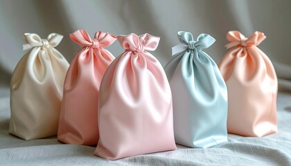 Elegant Silk Gift Bags in Various Pastel Colors.