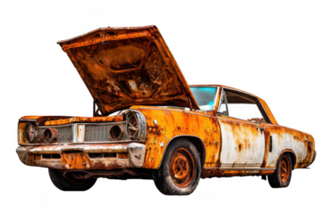 Rusty vintage american muscle car with hood open against a transparent background