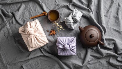 Tea ceremony with wrapped gifts on gray cloth.