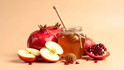 Rosh Hashanah symbols with honey apples and pomegranates.