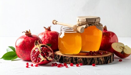Sweet Rosh Hashanah Symbols Honey Pomegranate Apple.