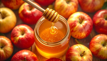 Fresh Apples and Golden Honey Jar with Dipper.