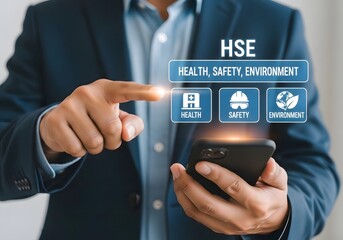 Man using phone to access health safety environment hse information with finger pointing at screen