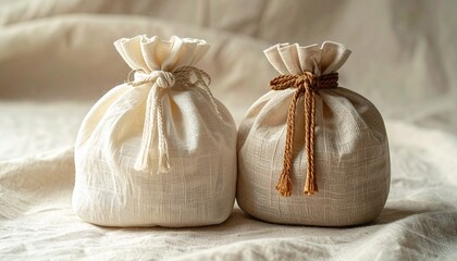 Two elegant cream colored fabric drawstring bags.