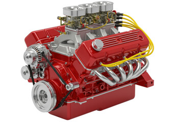 Isolated Red Hot Rod Engine with Chrome Manifold and Three Carburetors in Studio Shot