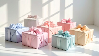 Beautiful pastel colored gift boxes with ribbons arranged in soft sunlight.