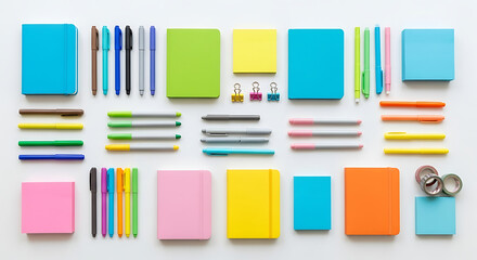 Overhead shot of colorful stationery arranged neatly on a white background, including notebooks, pens, pencils, sticky notes, and paper clips, creating an organized and visually appealing workspace is
