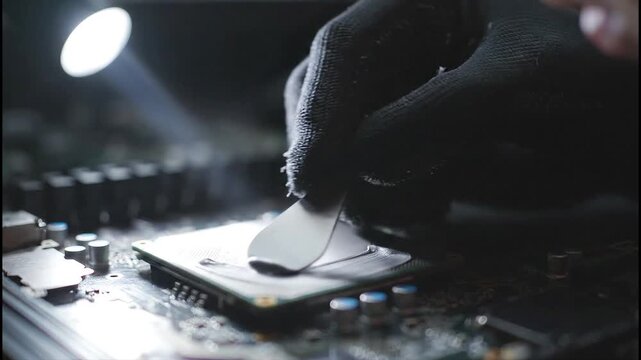 Gloved hands applying thermal paste to a cpu on a motherboard. Perfect for techrelated articles, computer hardware guides, or online tutorials.