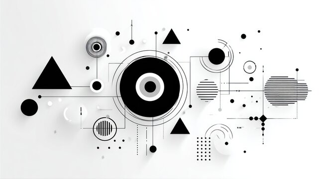 Abstract geometric design with circles triangles and lines on white background