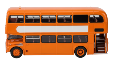 Isolated Orange double-decker bus toy, close-up side view, retro model for tourism promotion