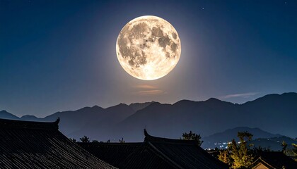 Full Moon Over Mountains and Traditional Chinese Architecture.