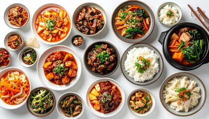 Overhead view of a delicious assortment of traditional Korean food.